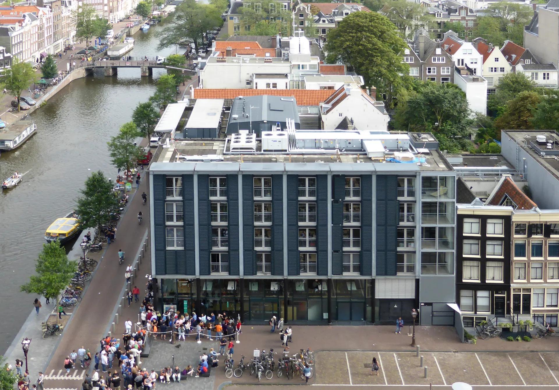 The Anne Frank House museum buildings on the Prinsengracht canal seen from above