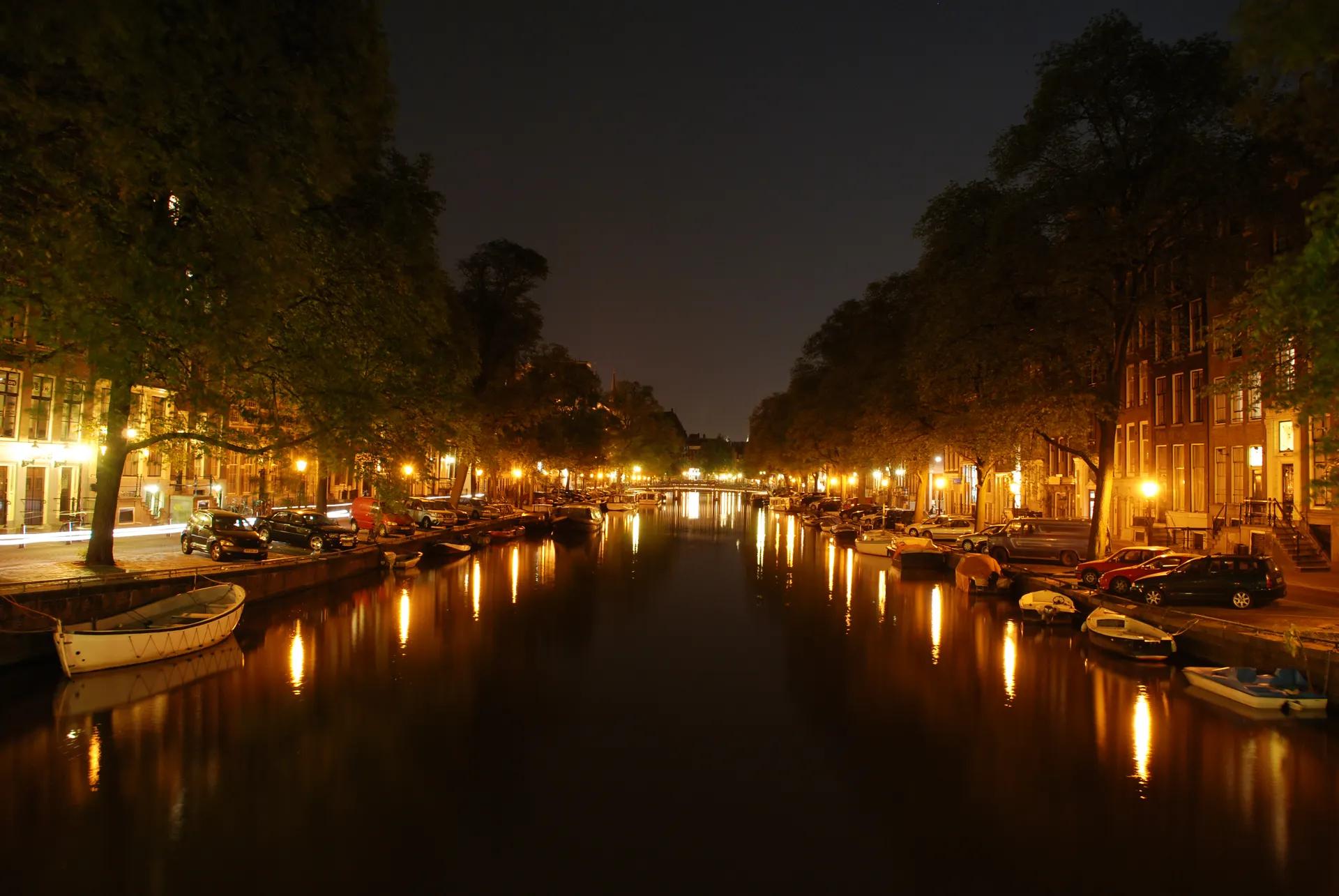 A tree-lined Amsterdam canal at night with street lights reflected in the water