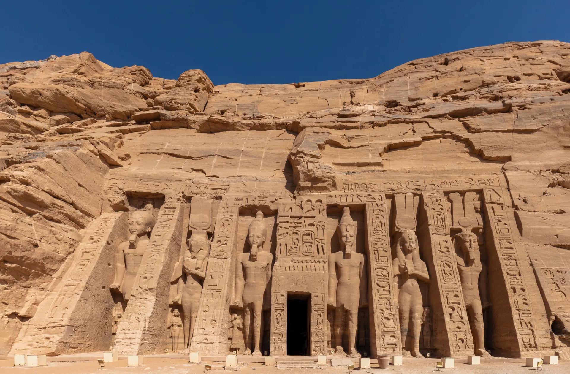 Facade of the Small Temple of Hathor and Nefertari at Abu Simbel with standing statues