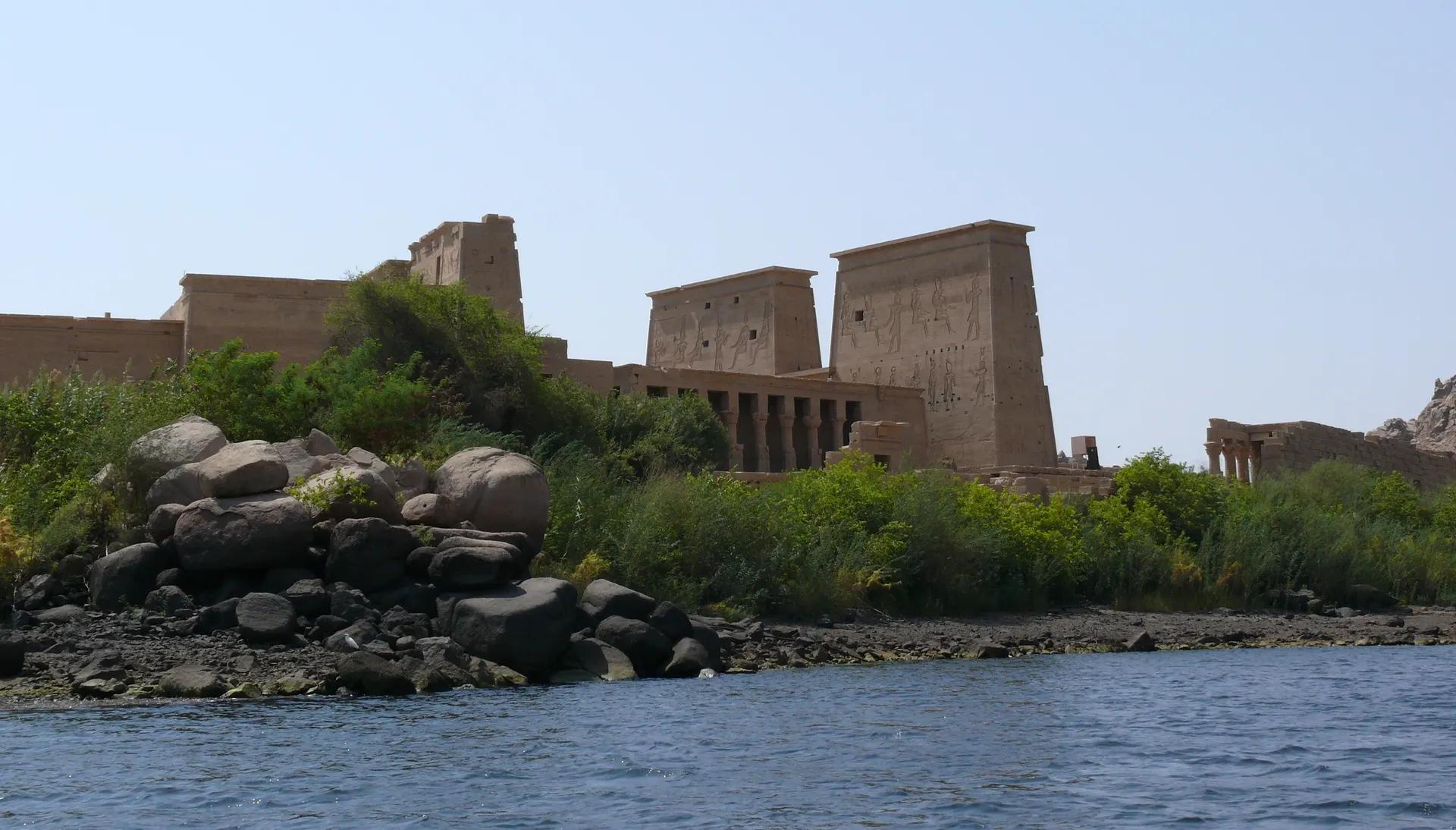 Pylons of the Temple of Isis at Philae seen from the water off Agilkia Island