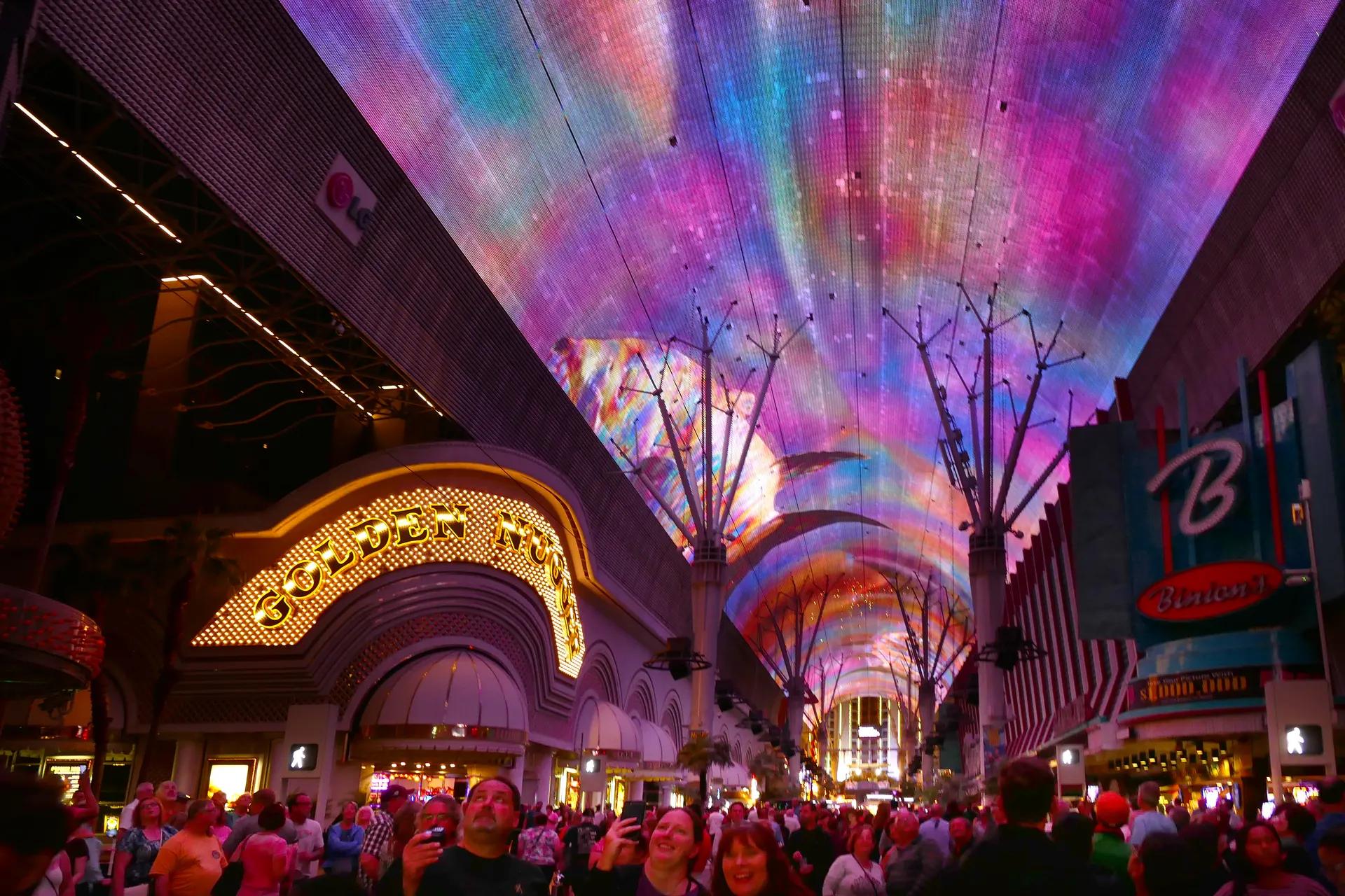Viva Vision LED canopy glowing over Fremont Street in downtown Las Vegas