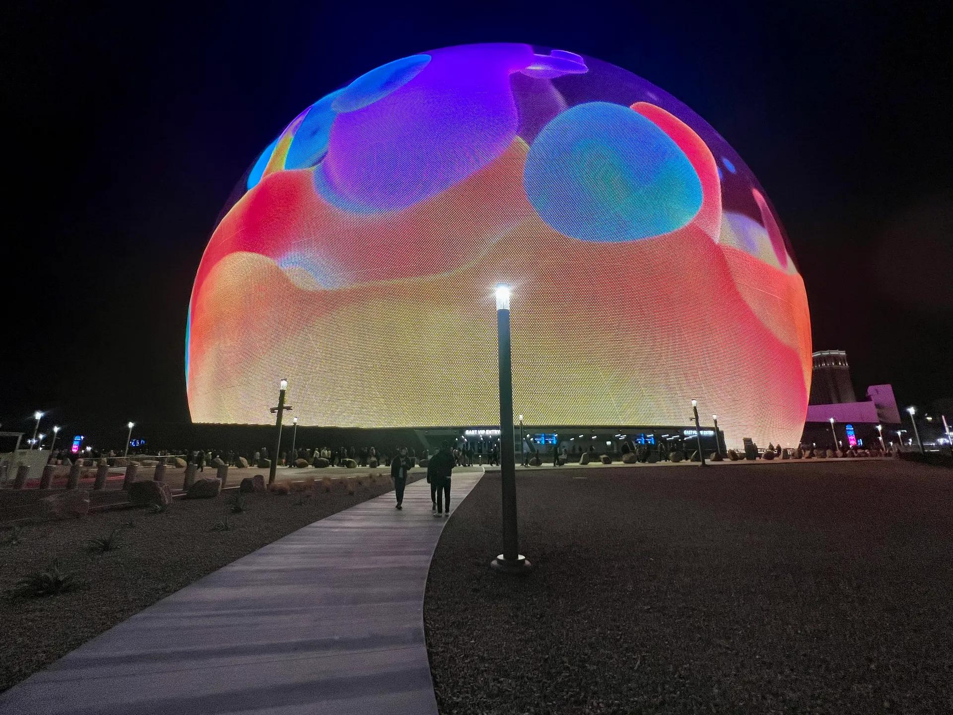Sphere in Las Vegas with its exterior LED surface lit at night