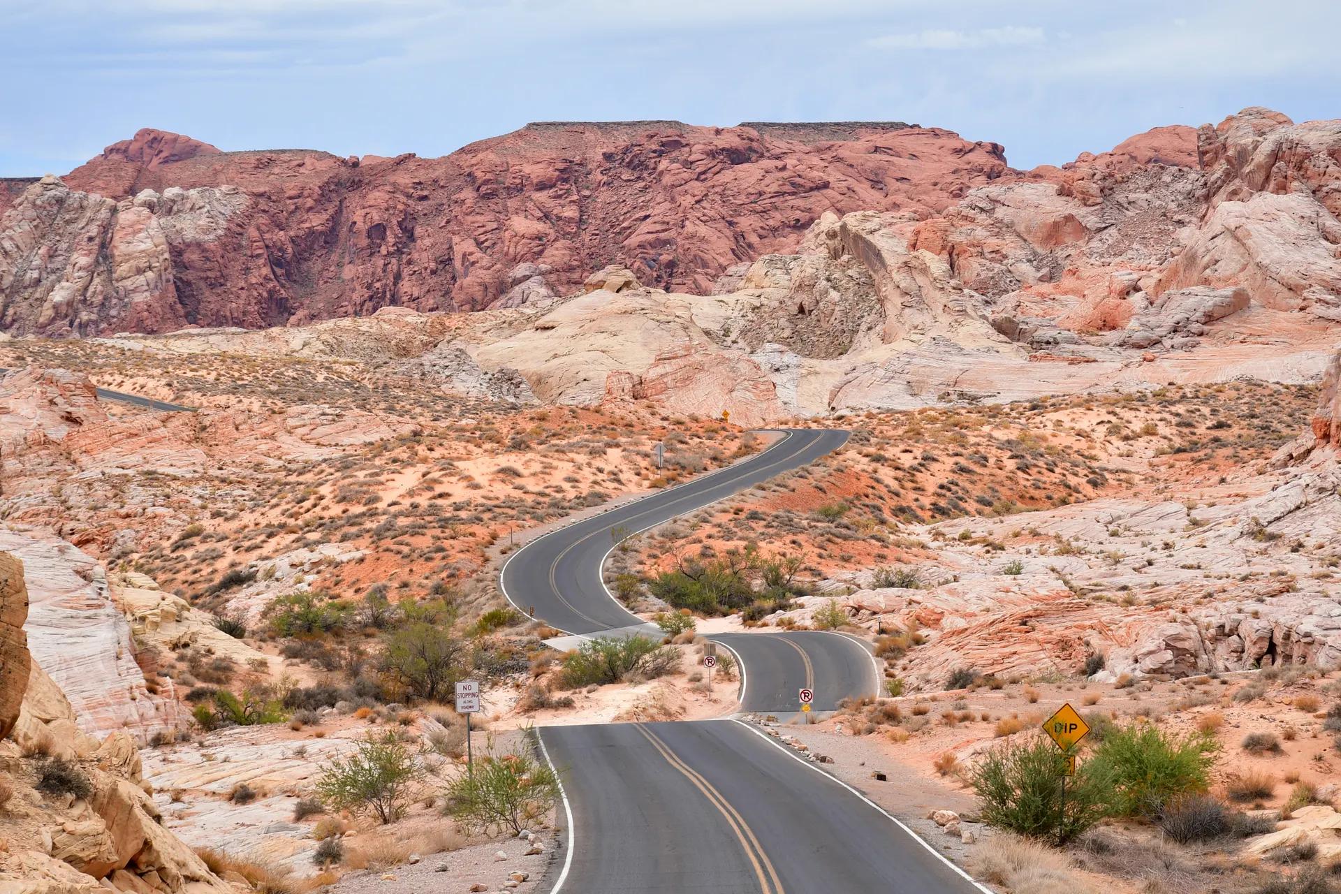 Road winding through red and white sandstone in Valley of Fire State Park