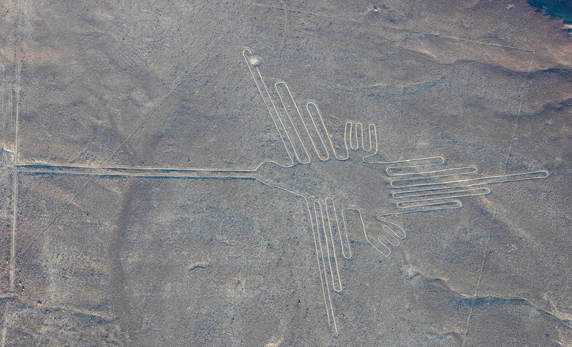 The Hummingbird geoglyph of the Nazca Lines seen from the air