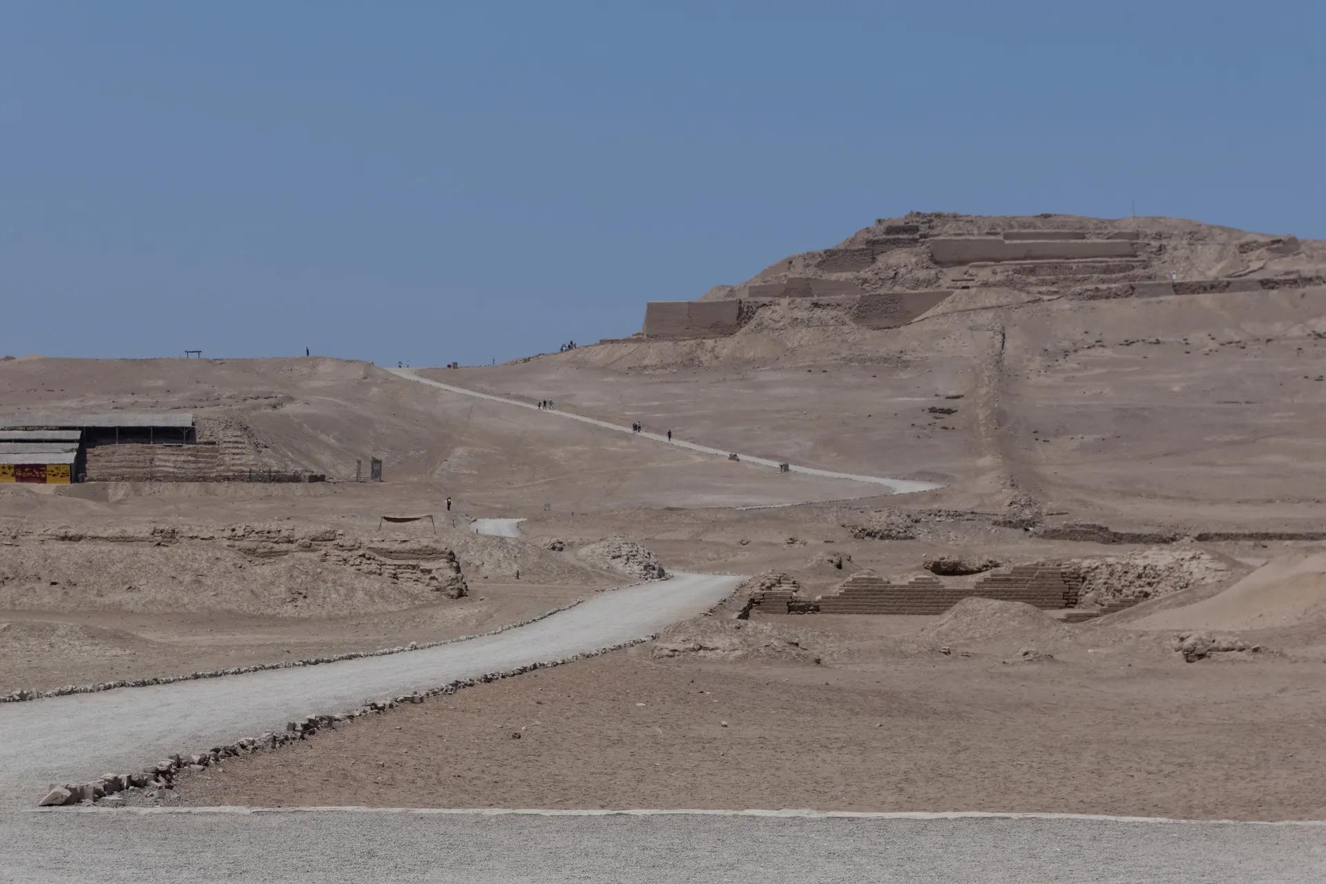 Path leading through desert ruins towards the Temple of the Sun at Pachacamac