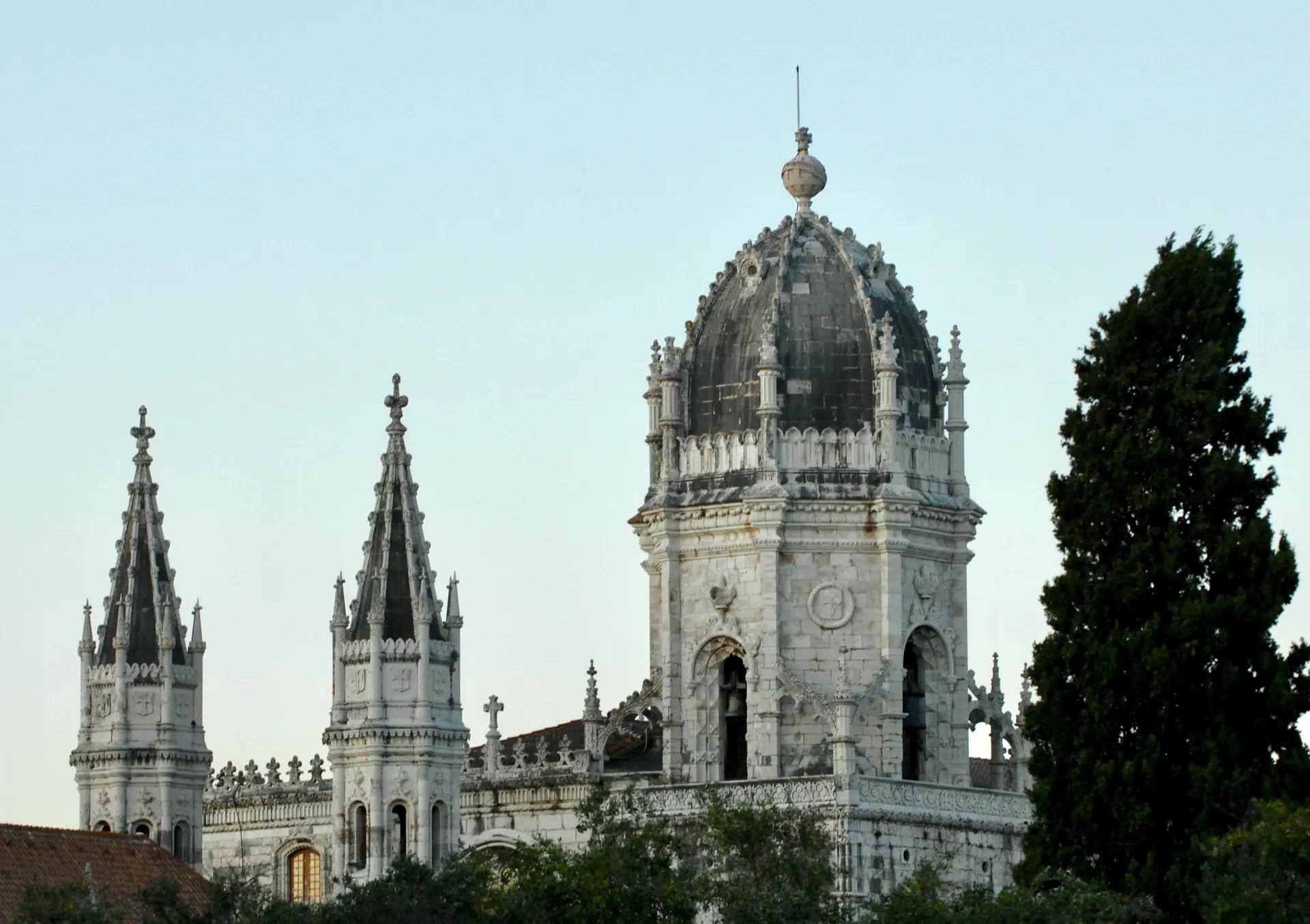 Manueline towers and dome of the Jerónimos Monastery in Belém