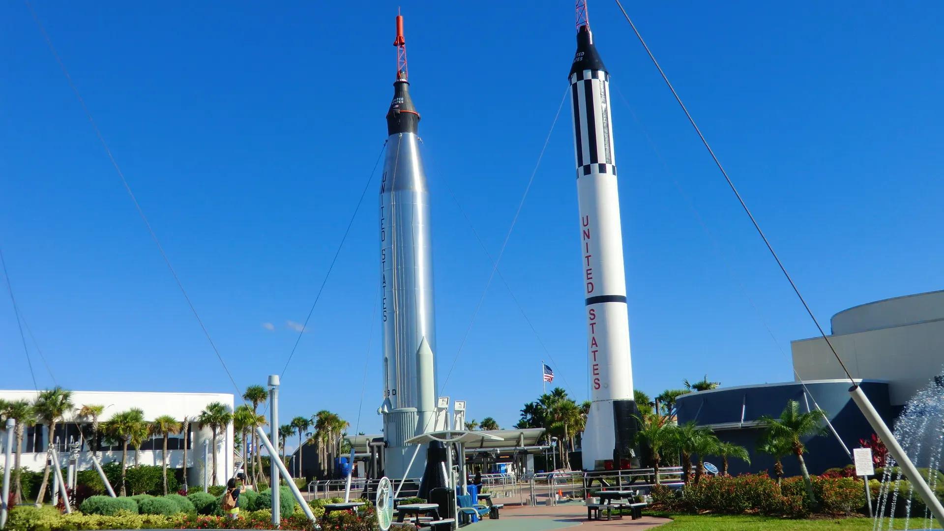 Mercury-era rockets standing in the Rocket Garden at Kennedy Space Center