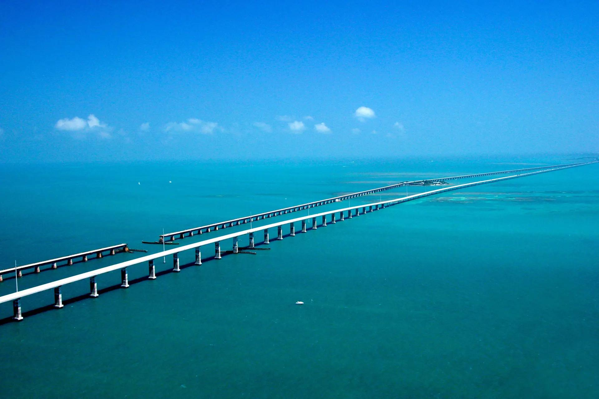 Aerial view of the Seven Mile Bridge crossing turquoise water in the Florida Keys