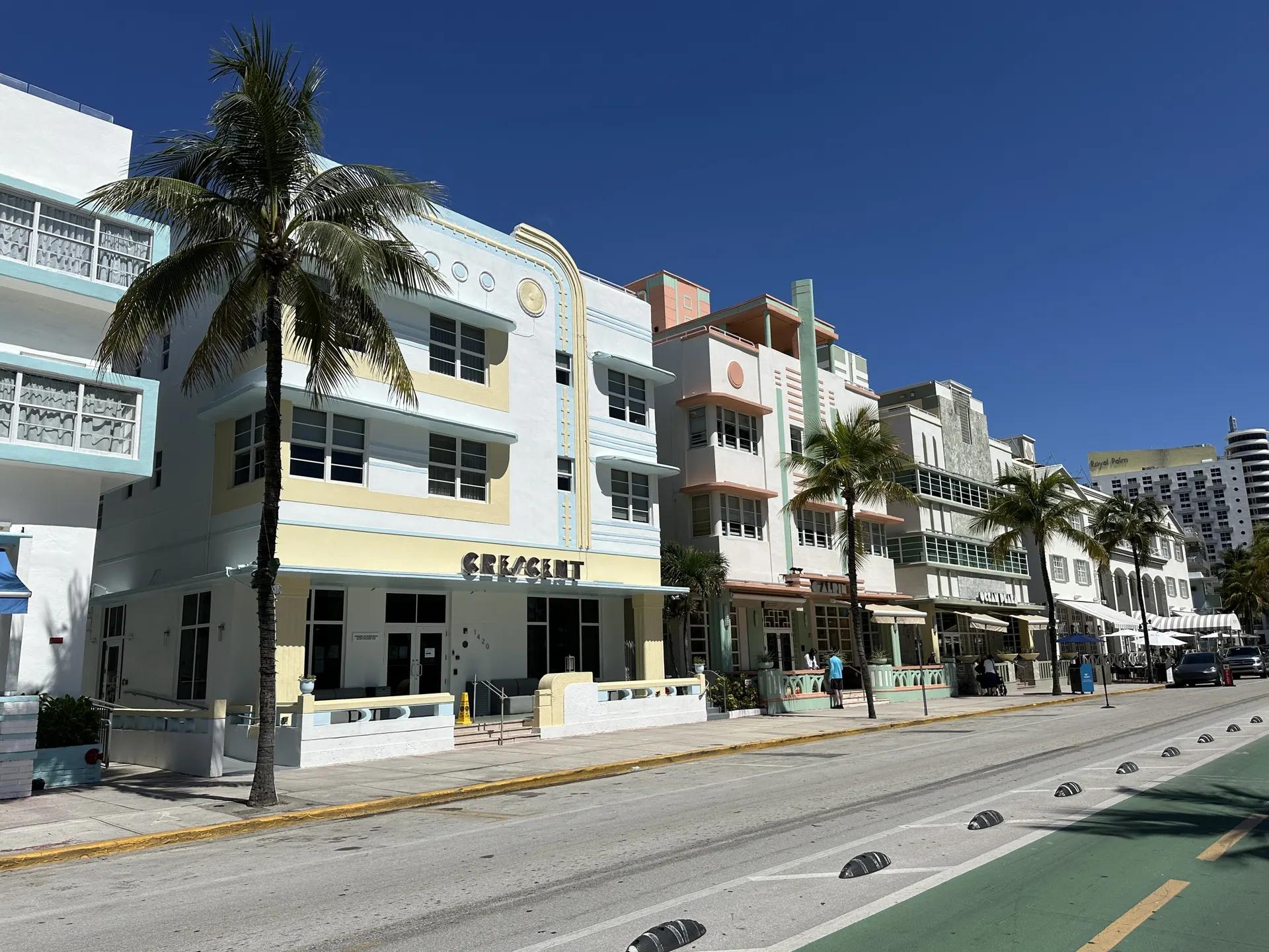 Row of pastel Art Deco hotels on Ocean Drive, South Beach