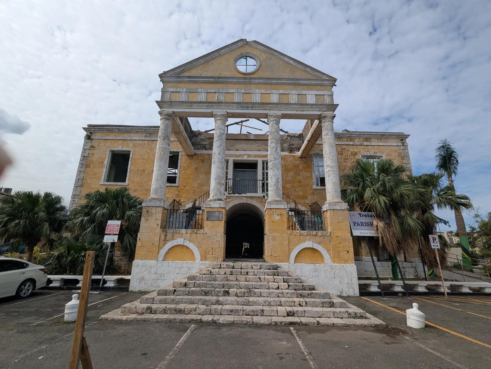 The columned Trelawny Parish Court House in Falmouth, Jamaica
