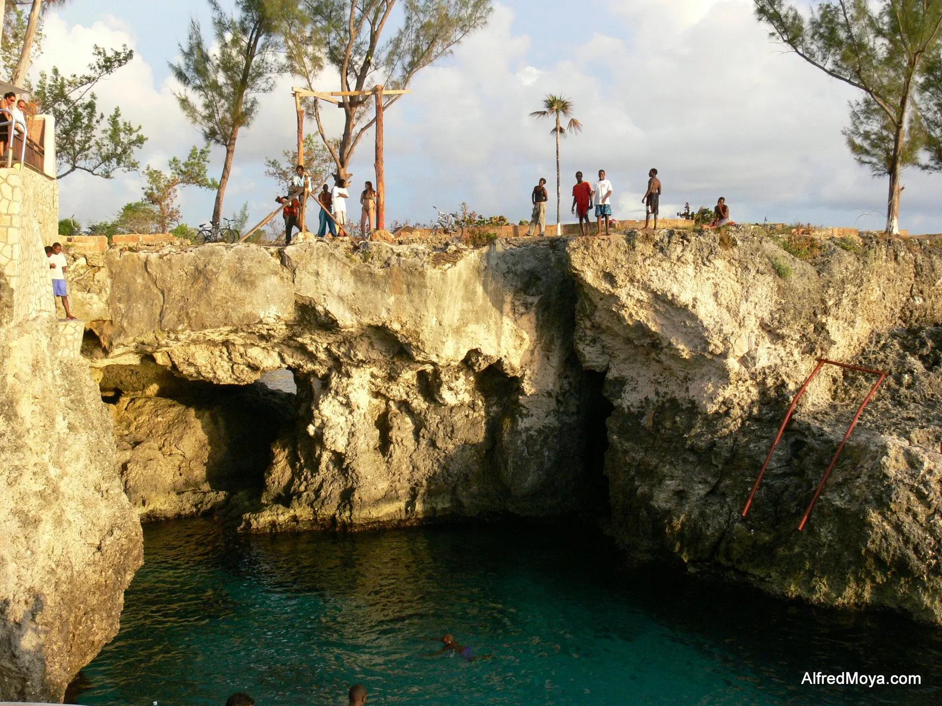 Limestone cliffs above deep water at Rick's Café in Negril