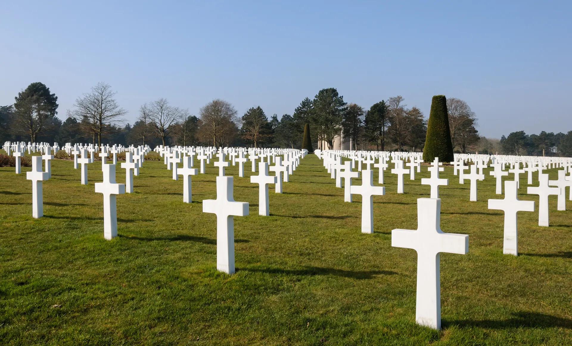 Rows of white marble crosses at the Normandy American Cemetery in Colleville-sur-Mer