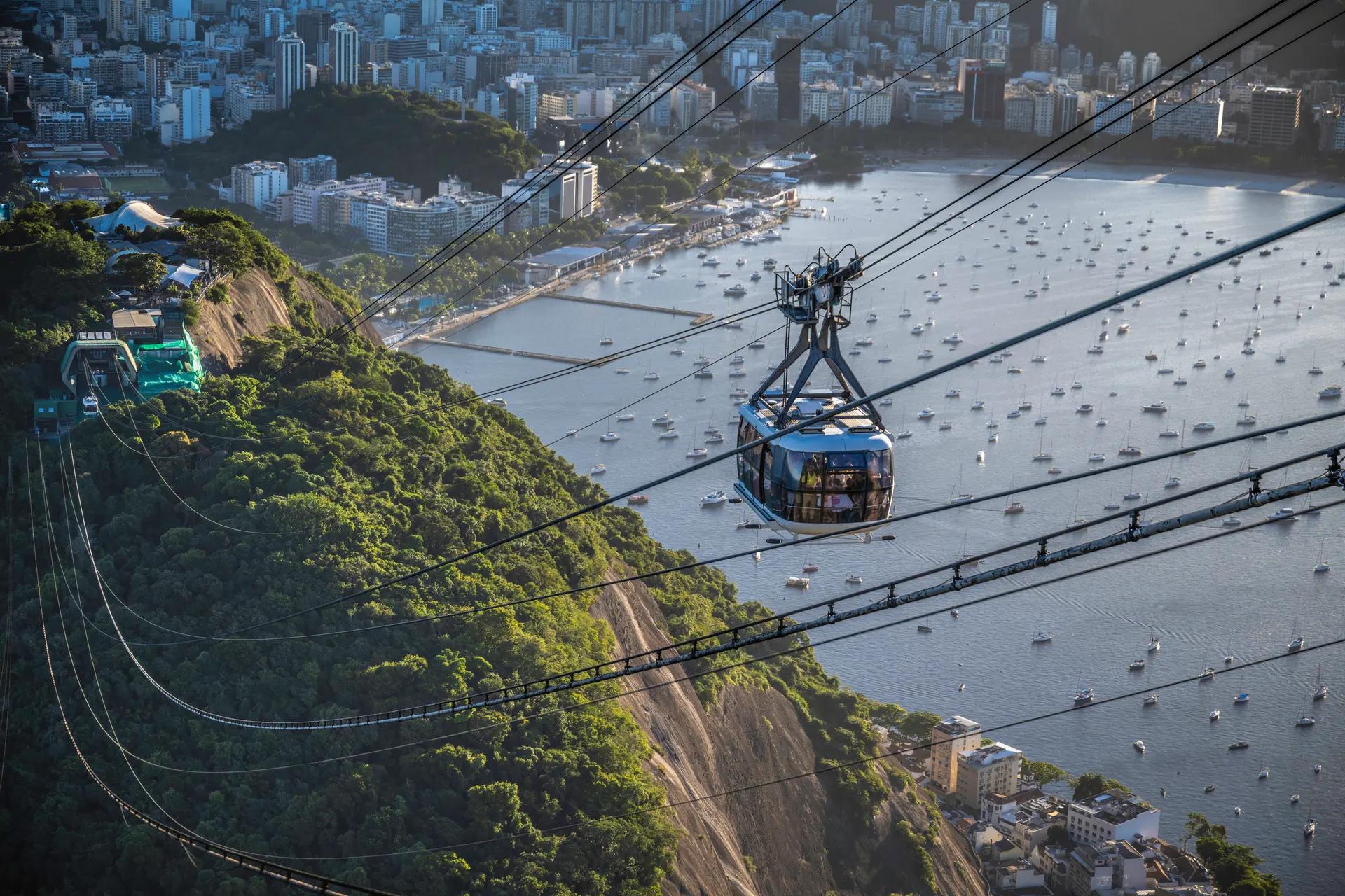 Sugarloaf cable car cabin above the city and the bay