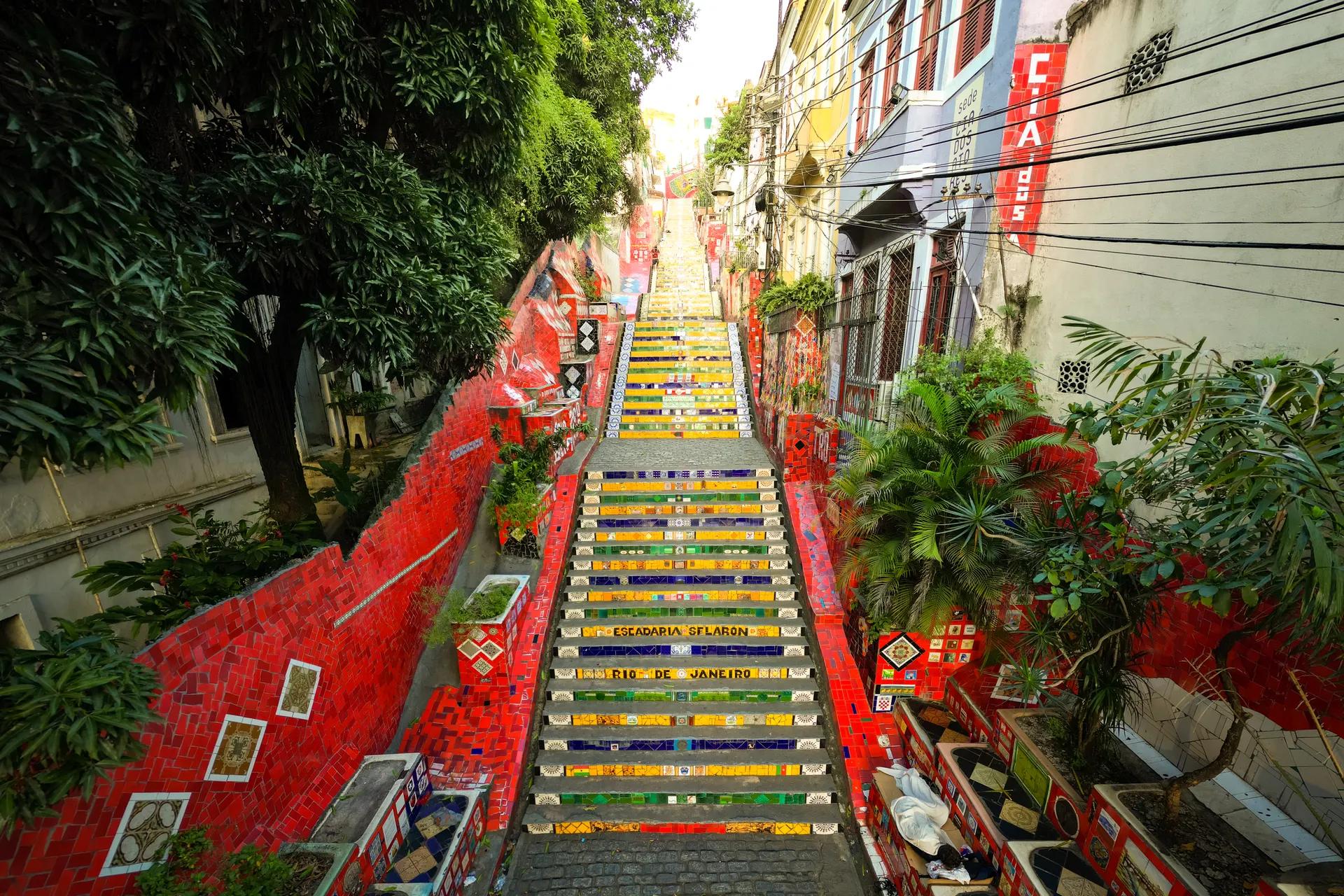Tiled Escadaria Selarón climbing between houses in Lapa