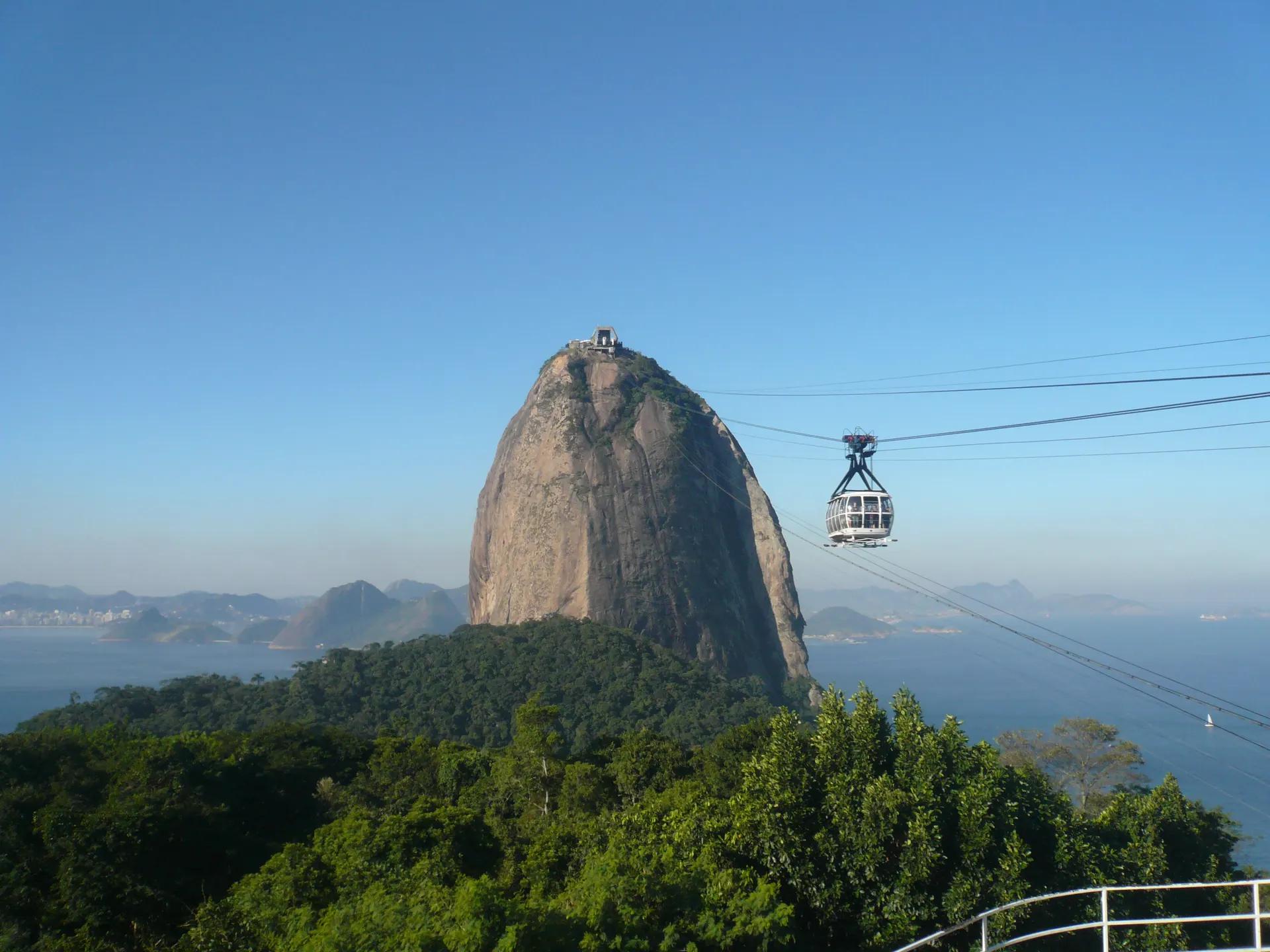 Sugarloaf Mountain and a cable car seen from Morro da Urca