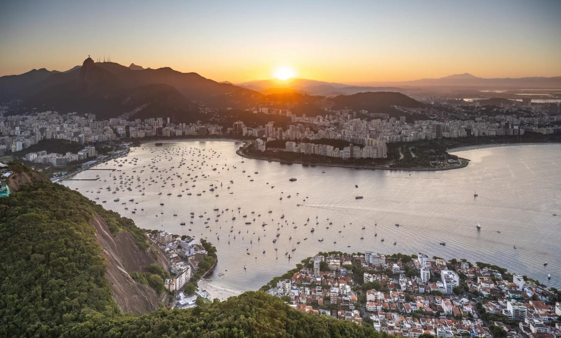 Rio de Janeiro skyline and Corcovado with Christ the Redeemer at sunset, seen from Sugarloaf Mountain
