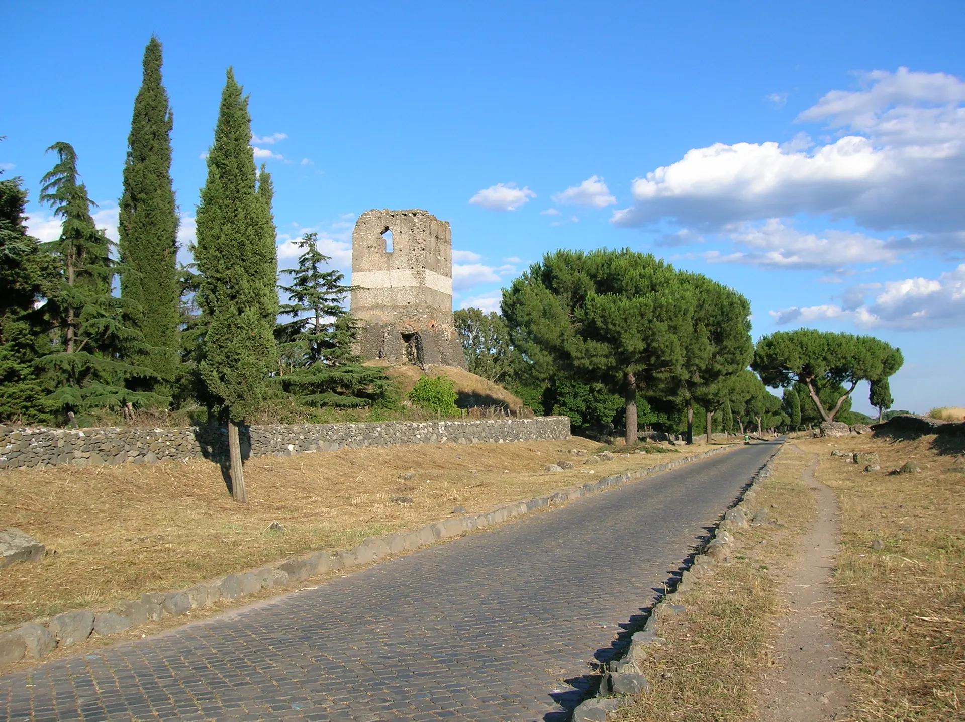 The ancient Appian Way lined with cypresses and a ruined tower