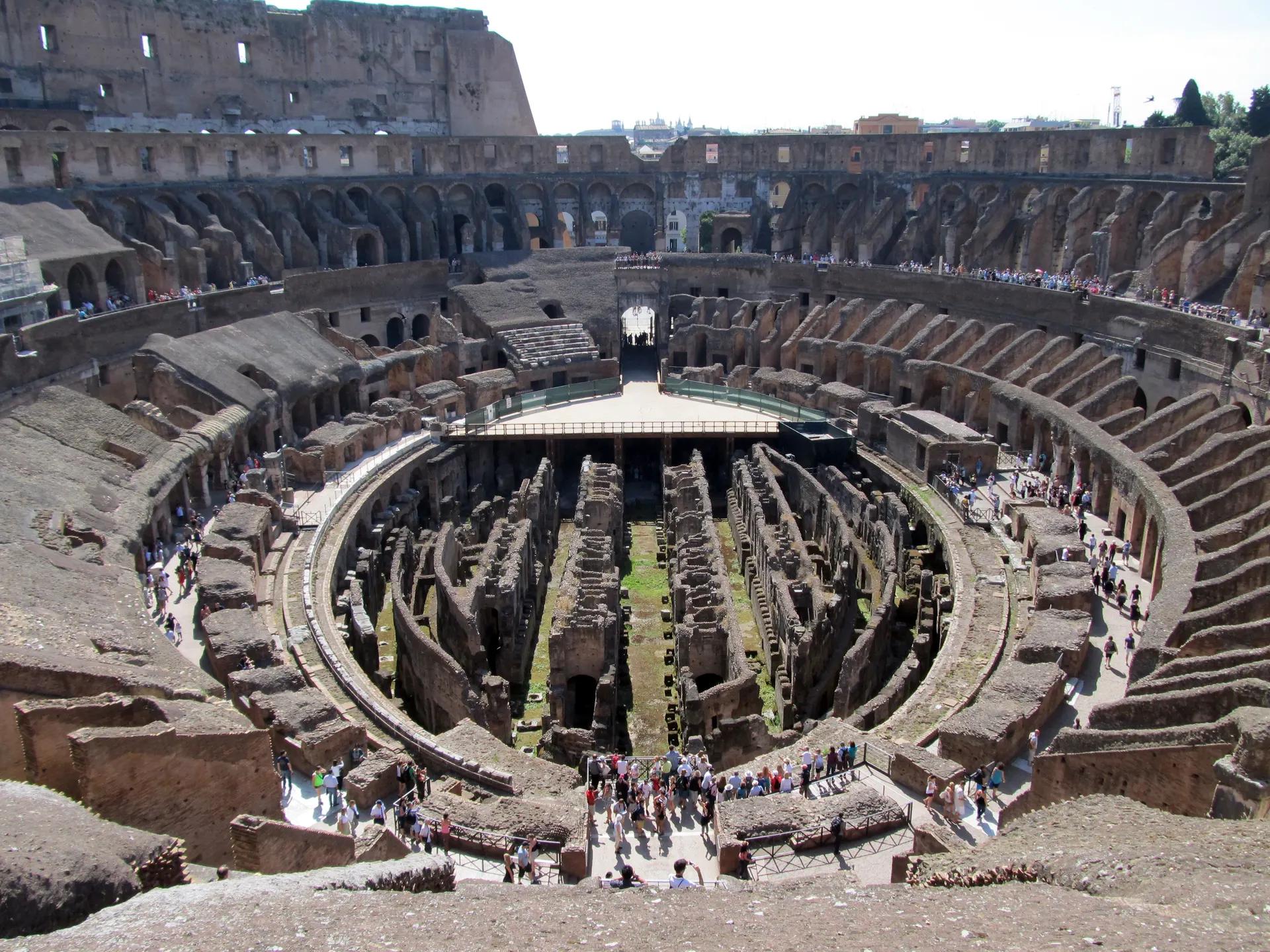 Inside the Colosseum looking down on the arena floor and the underground hypogeum