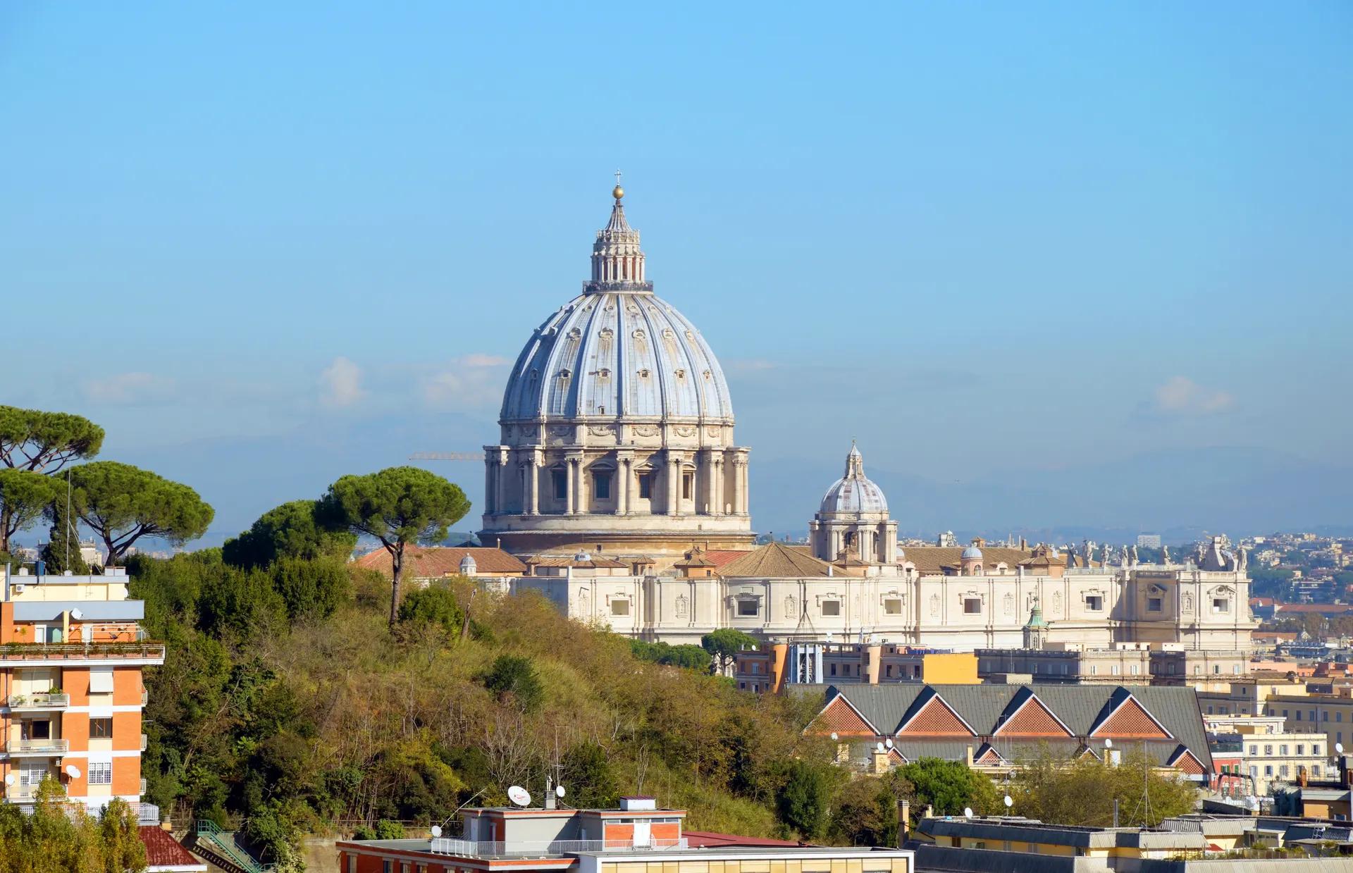The dome of St Peter's Basilica above trees and rooftops