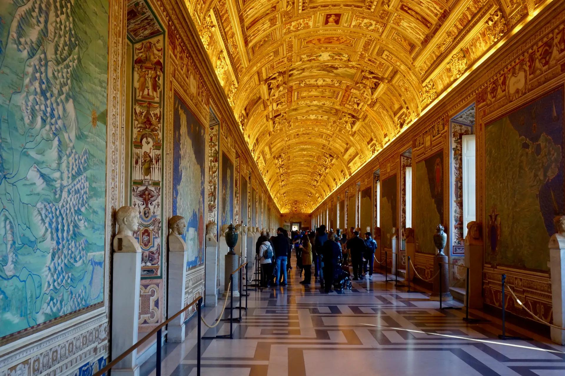 The long Gallery of Maps in the Vatican Museums with its gilded ceiling