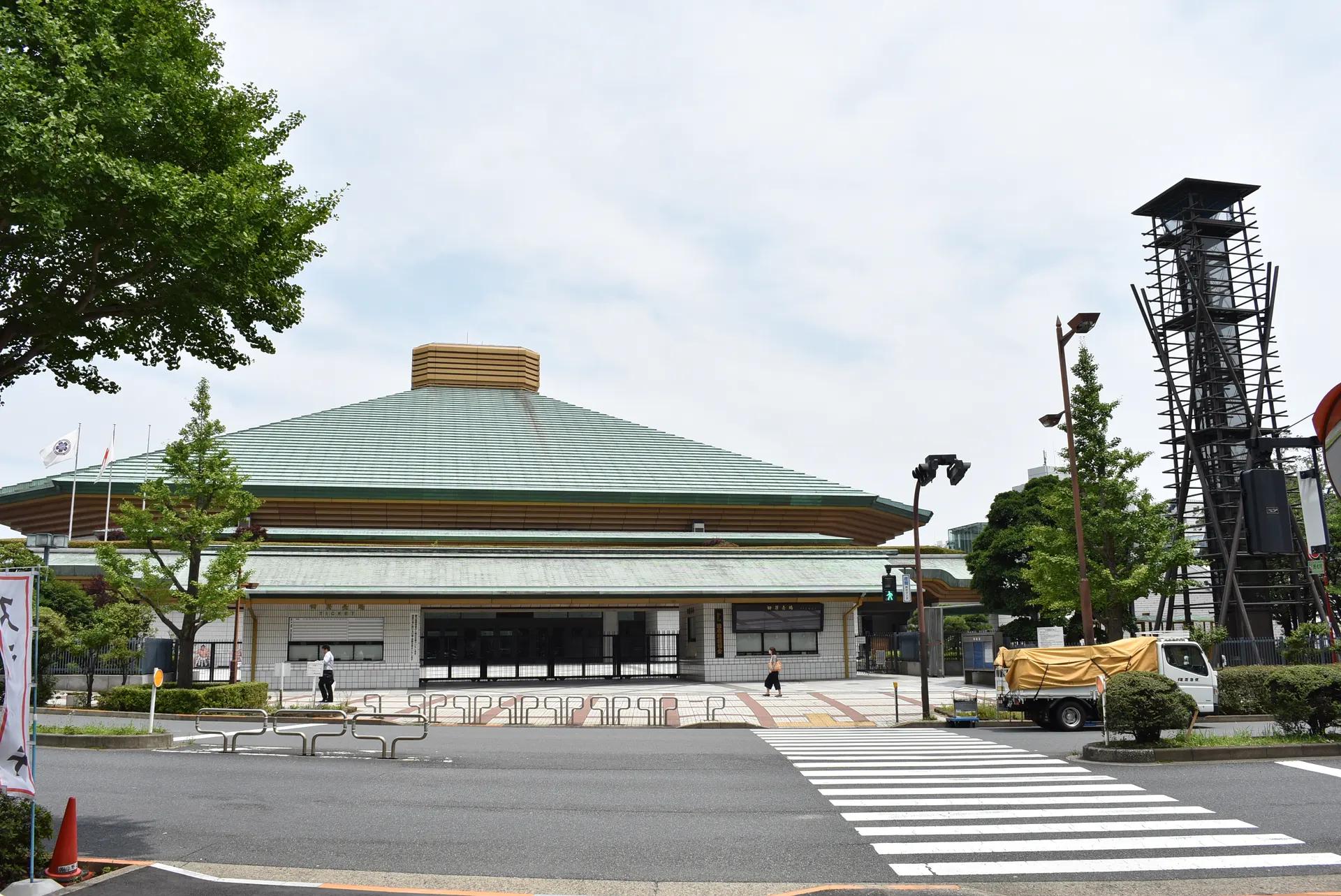 Green-roofed Ryogoku Kokugikan sumo arena in Tokyo