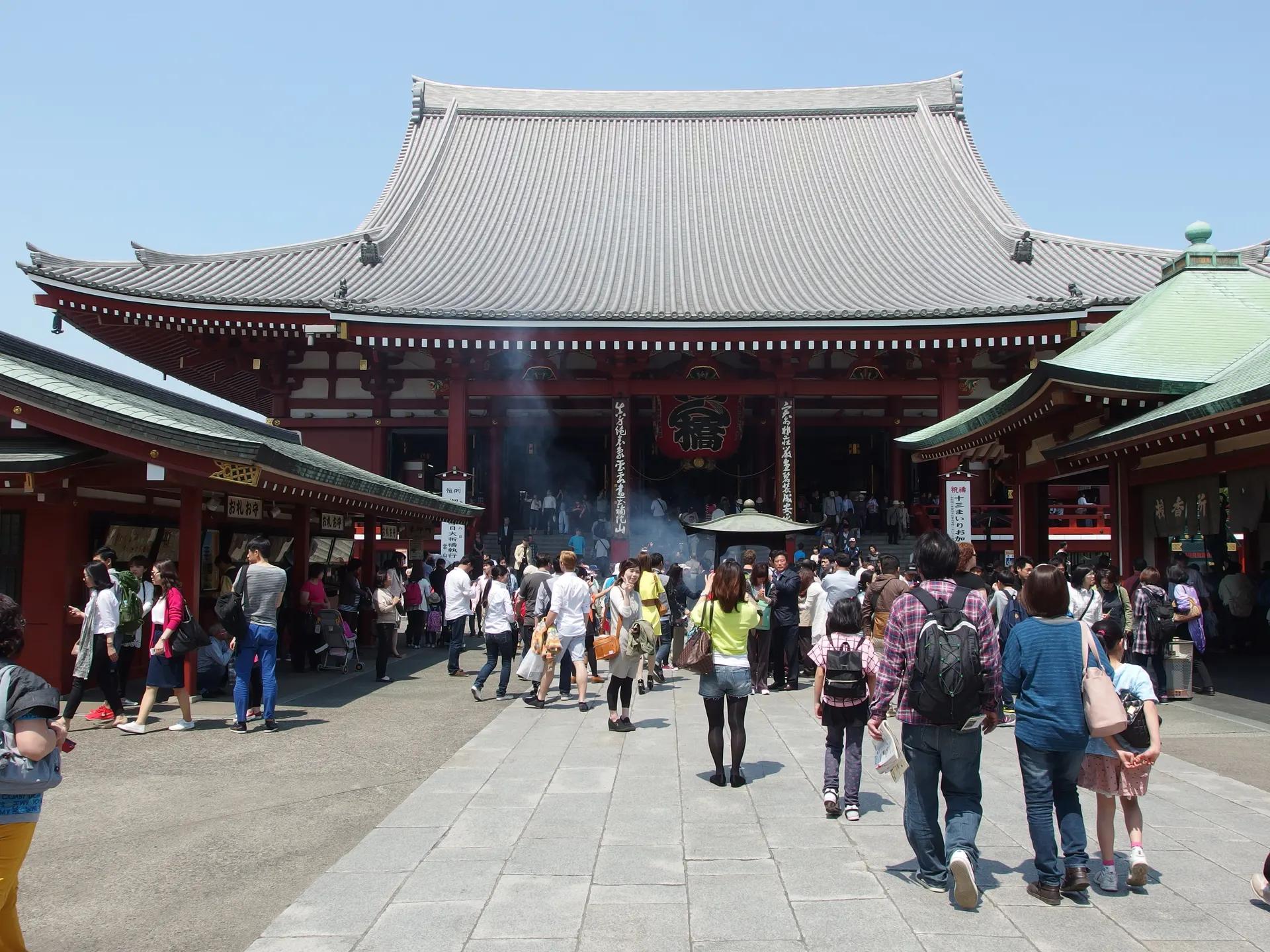 Main hall of Senso-ji temple in Asakusa with visitors in the courtyard