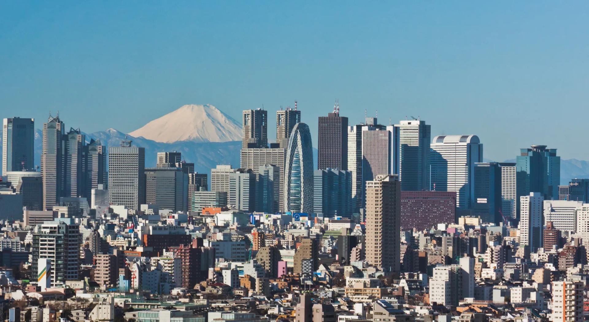 Shinjuku skyscrapers with snow-capped Mount Fuji behind, seen across Tokyo on a clear January day