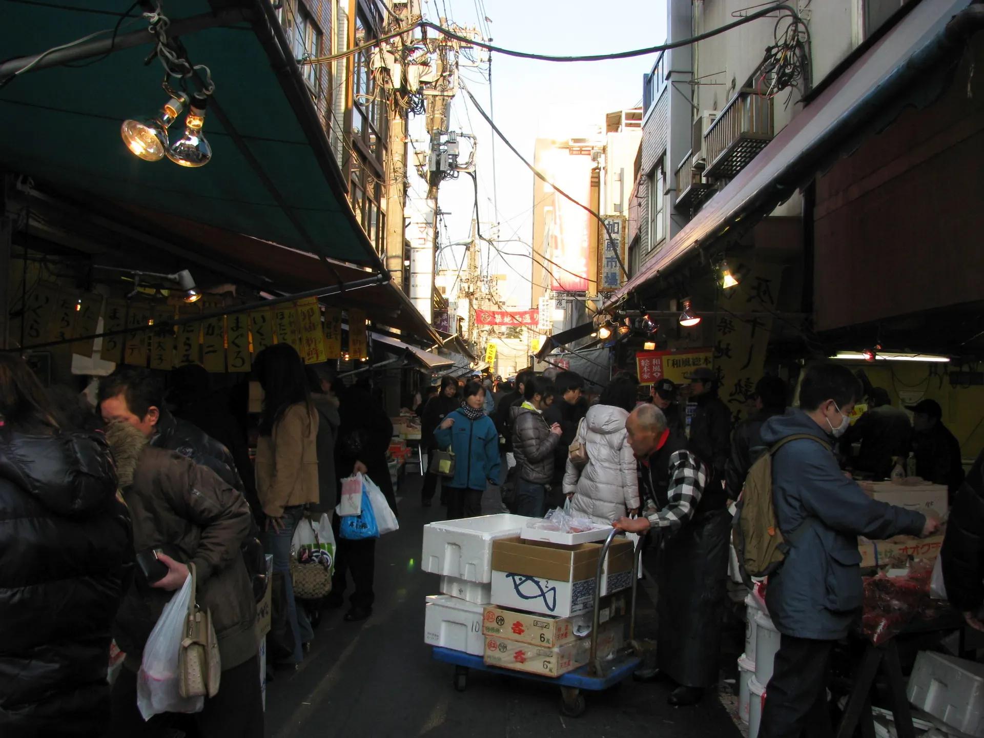 Narrow covered lane of shops in Tsukiji Outer Market