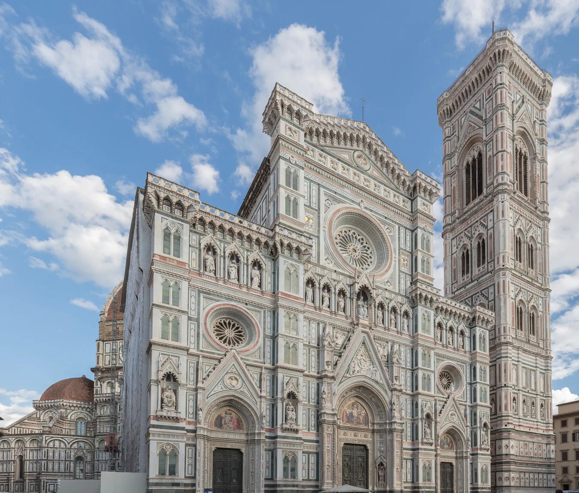 Marble facade of Florence Cathedral with Giotto’s bell tower on the right