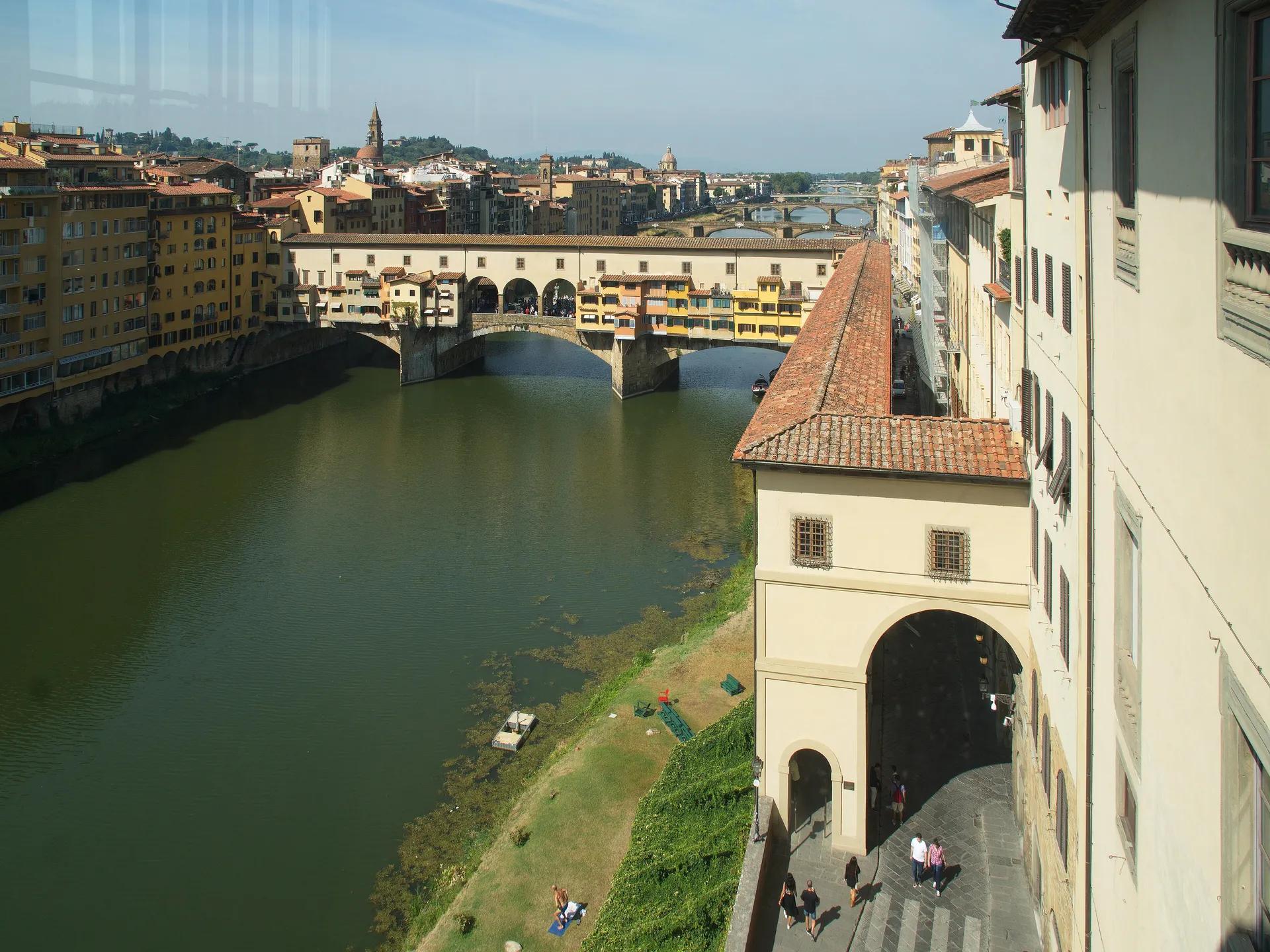 The Vasari Corridor running along the Arno to Ponte Vecchio, seen from an Uffizi window