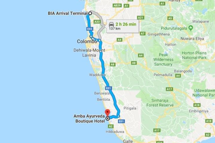 Privates Taxi vom Flughafen Sri Lanka (CMB-BIA) nach Amba Ayurveda, Balapitiya