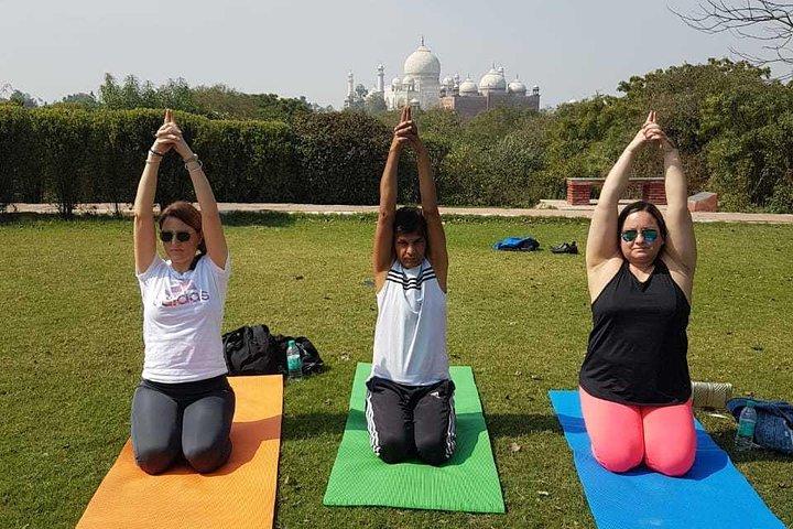 2 horas de sesión de yoga en el banco de Yamuna mirando el Taj