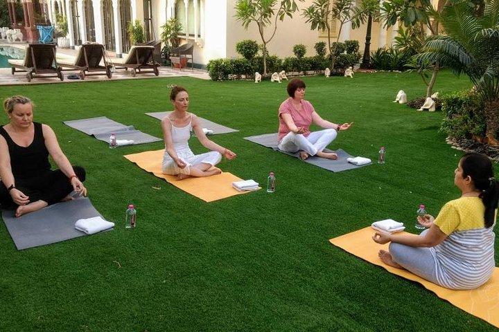 2 horas de sesión de yoga en el banco de Yamuna mirando el Taj