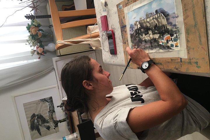 アテネ：地元アーティストと水彩アクロポリス絵画ワークショップ