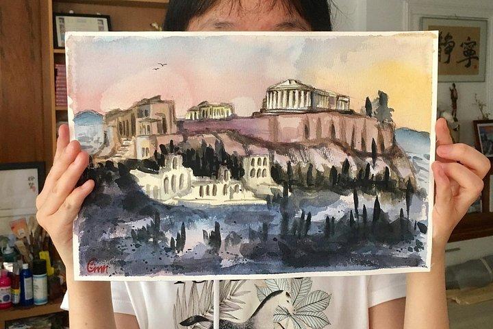 アテネ：地元アーティストと水彩アクロポリス絵画ワークショップ