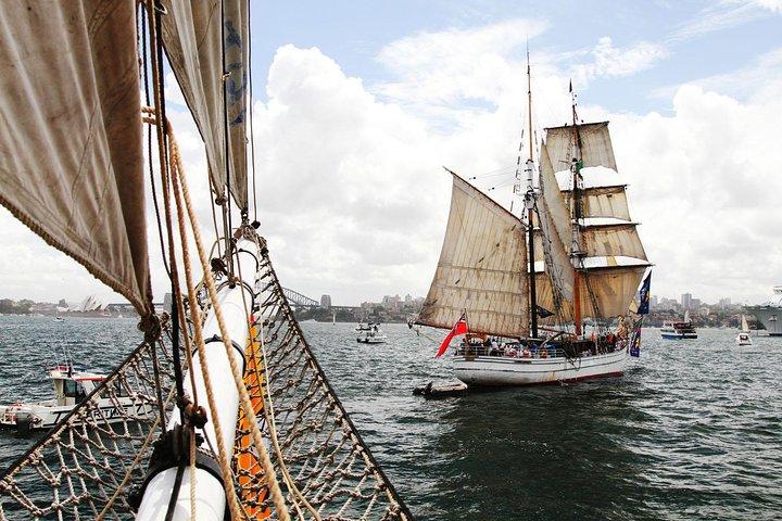 Jantar na Austrália, navios altos e fogos de artifício no porto de Sydney