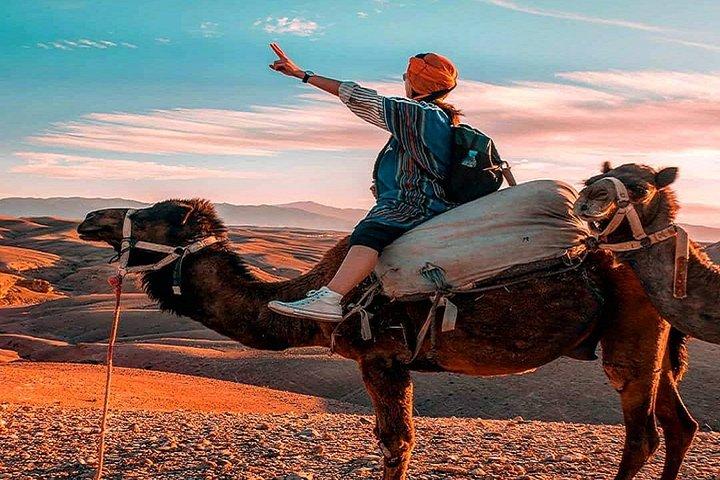 Solnedgang kamel tur i ørkenen fra Marrakech