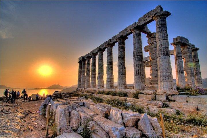 Temple of Poseidon solnedgång @ Cape Sounio (och middagstid)