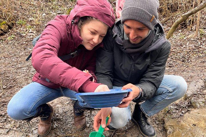 城へのチェコの田舎の風光明媚なハイキング、地元のデリの試食