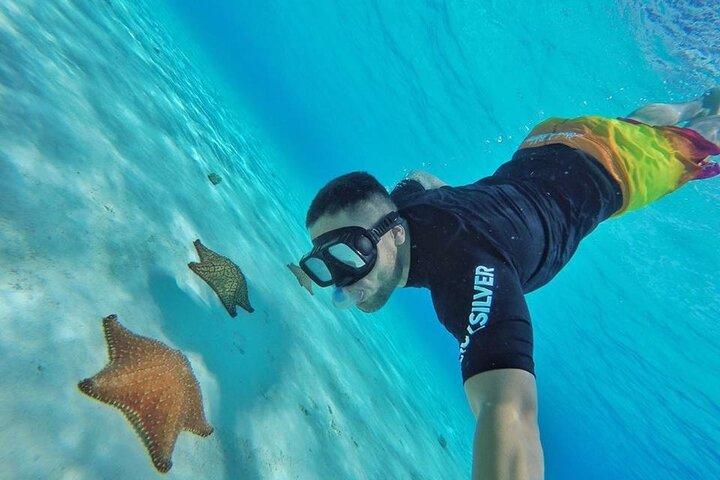 Cozumel en lancha transparente y snorkel en cielo con almuerzo.