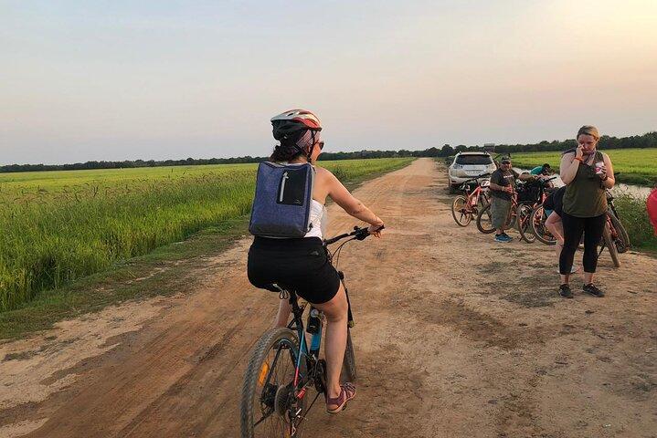 Cykeltur i solnedgang på bredden af Tonle Sap