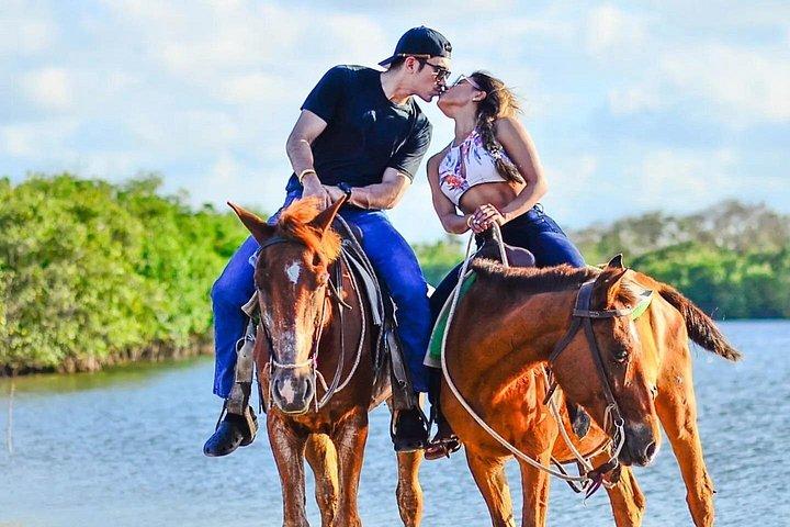 プンタカナのビーチ、野原、森を馬に乗って巡る