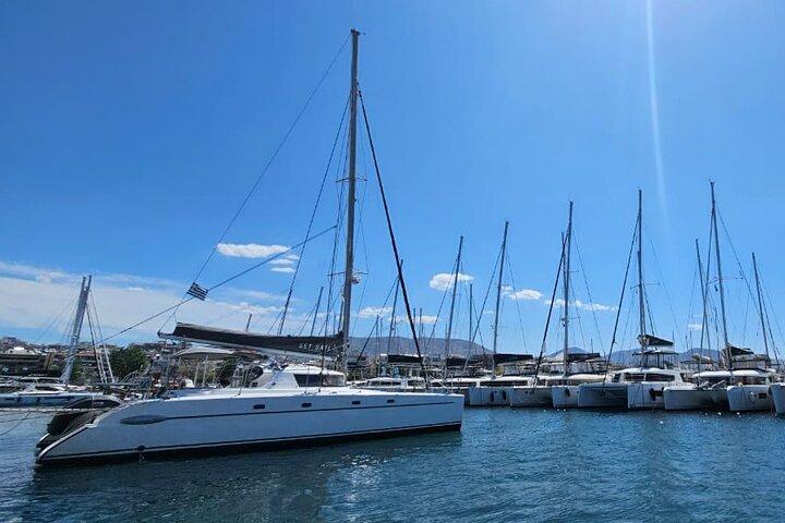 Cruzeiro privado de catamarã em Mykonos Delos Rhenia