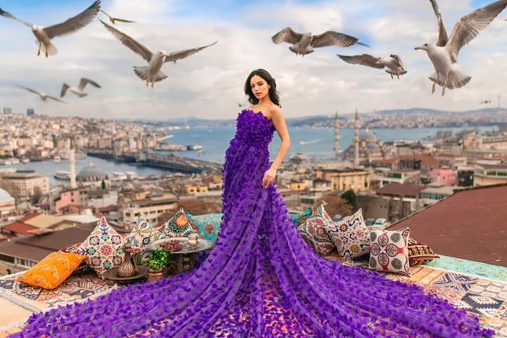 Istanbul Rooftop Photoshoot with Flying Dress