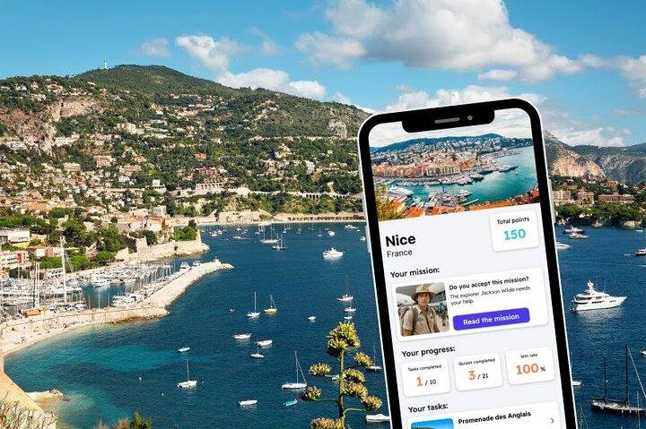 Jogo de exploração e passeio pela cidade em Nice, França com seu telefone
