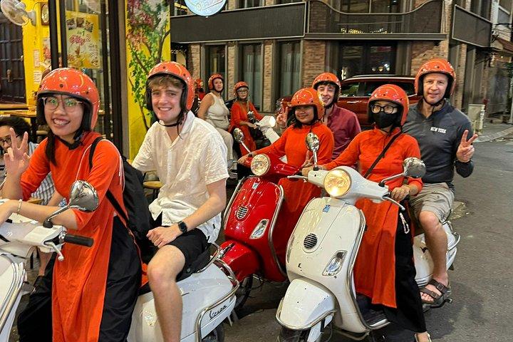 Vespa Female Ao Dai riders Night Street Food + See Train Street