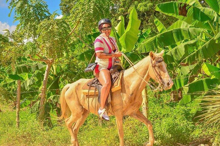 プンタカナのビーチ、野原、森を馬に乗って巡る
