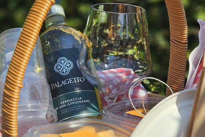 Picknick tussen de rijen Vernaccia di San Gimignano-wijnstokken