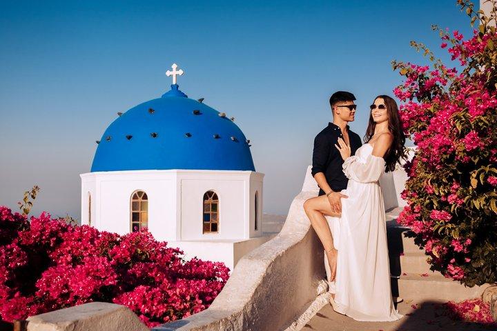 Santorini Pareja Sesión de fotos & propuesta con un fotógrafo local
