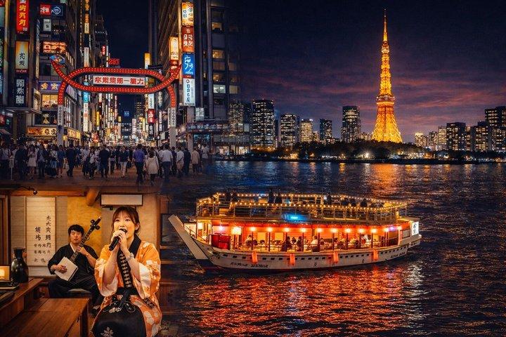 東京ナイトツアー&屋形船クルーズ,すき焼き,三味線&東京タワー